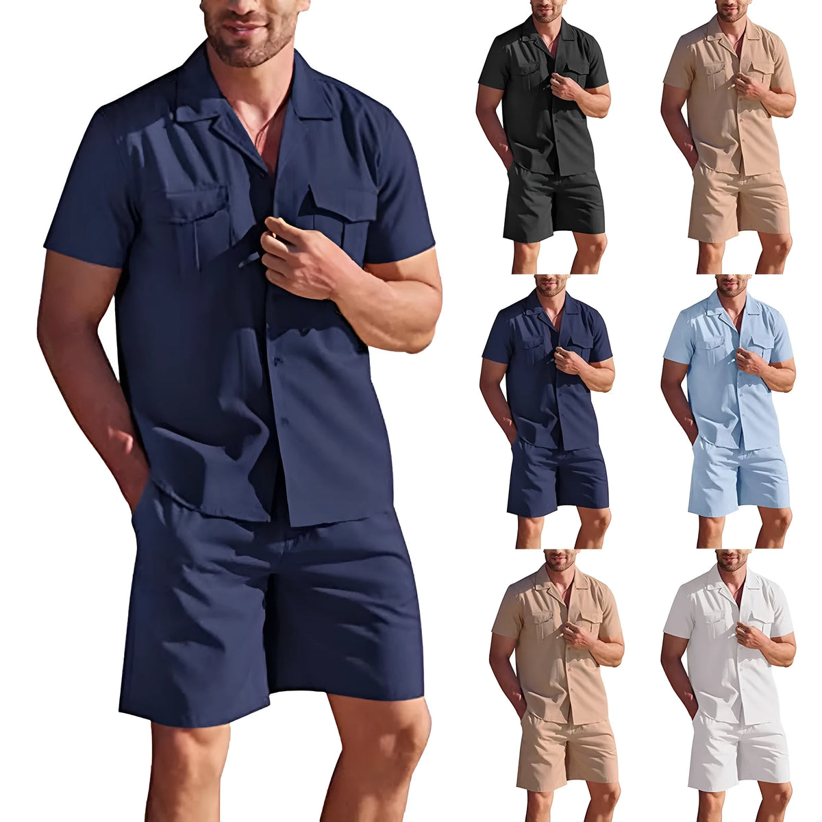 Lapel collar short sleeve linen shirt and shorts set with pockets, loose casual summer two-piece in solid colour