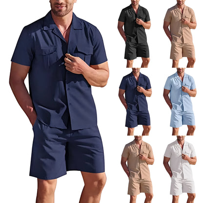 Lapel collar short sleeve linen shirt and shorts set with pockets, loose casual summer two-piece in solid colour