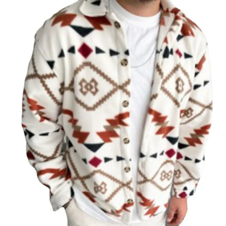 Men's white retro ethnic print cotton blend shirt jacket with brushed soft touch, lapel collar, and long sleeves.
