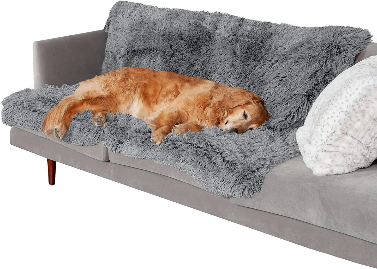 Grey plush waterproof dog cushion showing double-layer construction and rectangular shape