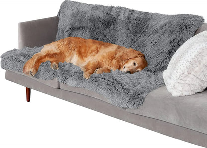 Grey plush waterproof dog cushion showing double-layer construction and rectangular shape