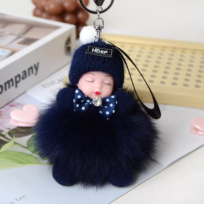 Hand-woven fox fur sleeping doll keychain pendant with optional bow