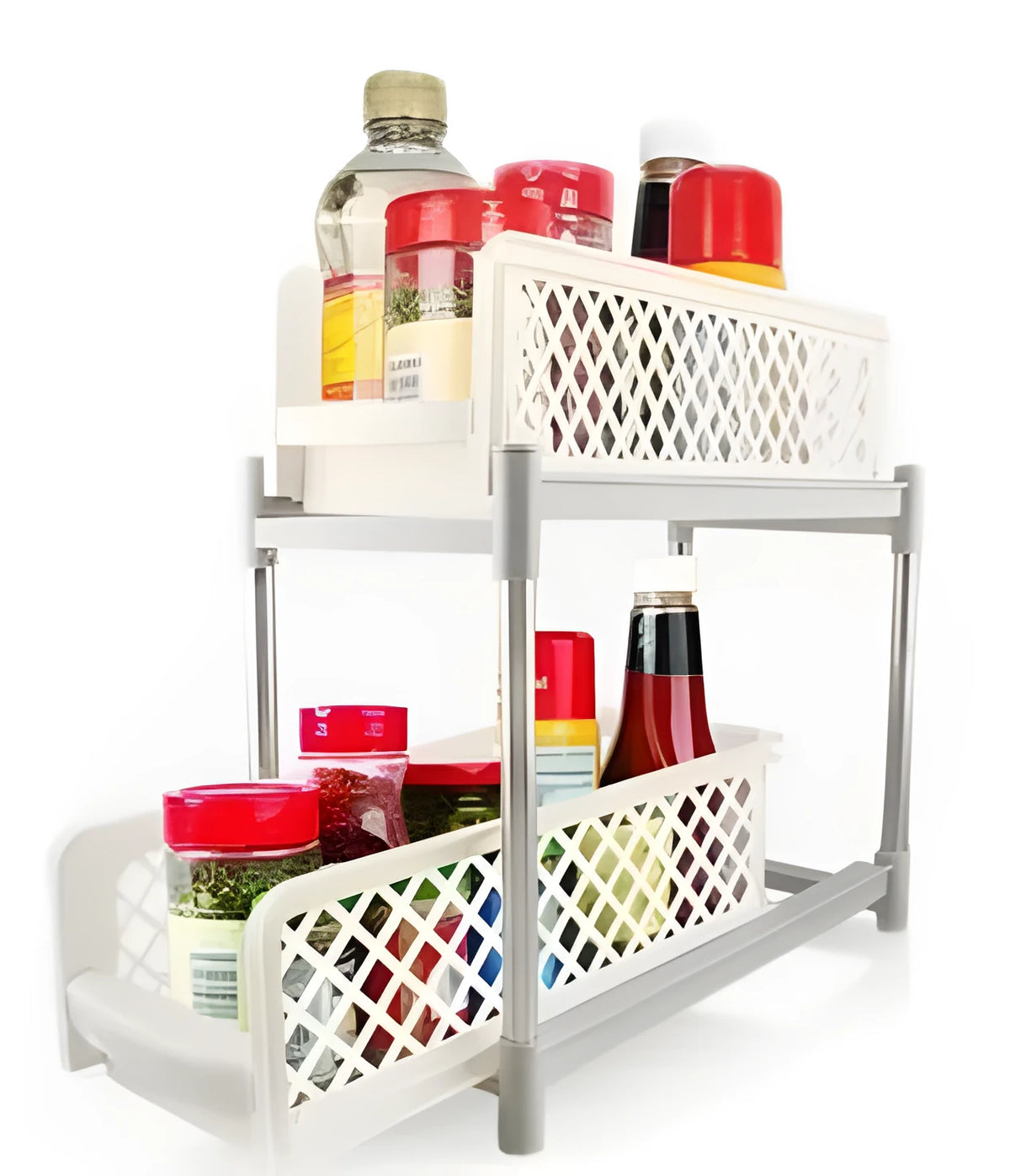 White two-tier plastic storage rack for bathroom or kitchen countertop, 41.5x19.3x9.3cm