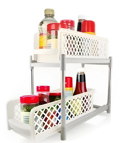 White two-tier plastic storage rack for bathroom or kitchen countertop, 41.5x19.3x9.3cm