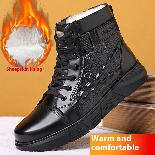 Black fur-lined genuine leather lace-up snow boots with a textured rubber sole on a wooden floor.
