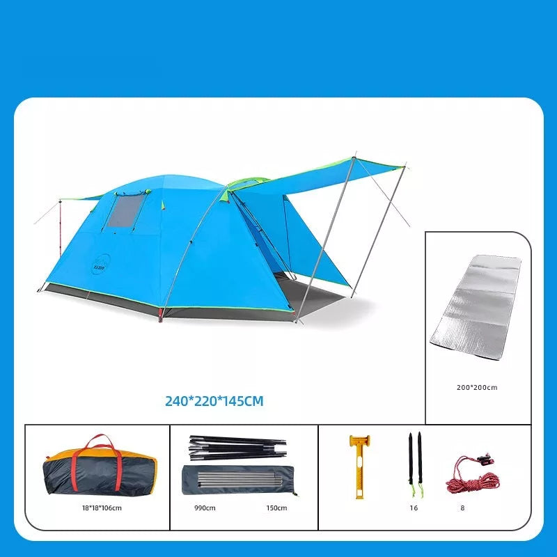 Four-person outdoor camping tent with rain and sun protection, double-decker design