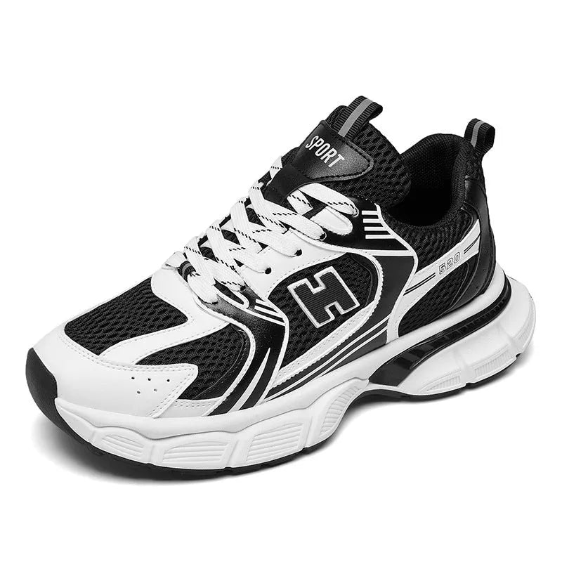 Men's white and grey mesh running shoes with round toe and plastic sole.