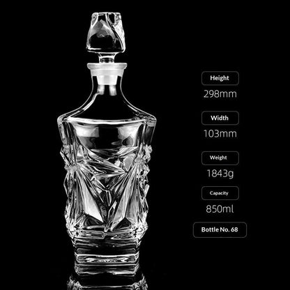 Hand-cut Bohemian crystal whiskey decanter with retro design and tapered pouring neck on wooden bar
