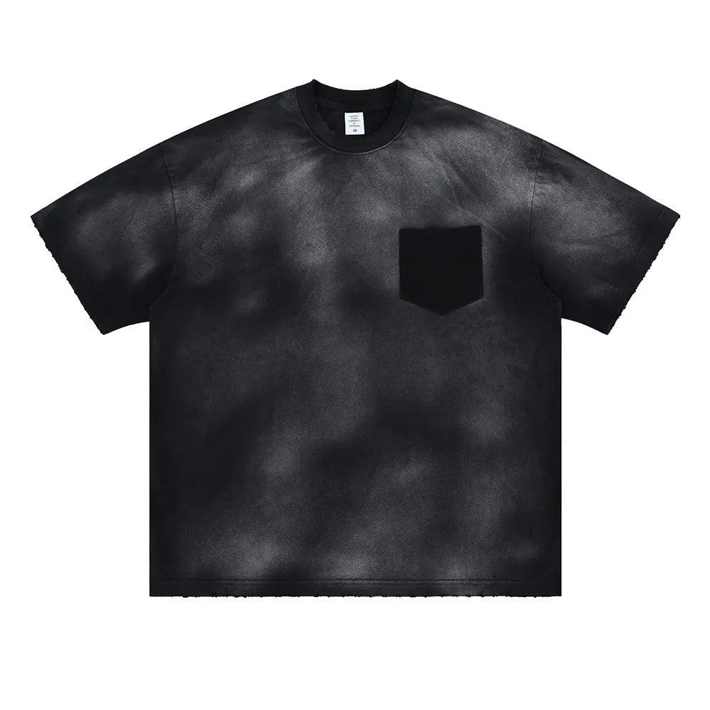 Black men's loose cotton t-shirt with printed letter pattern and drop-shoulder sleeves.