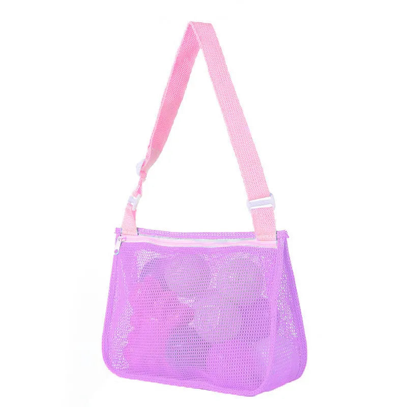 Blue children's travel storage organiser bag with nylon mesh construction and shoulder strap