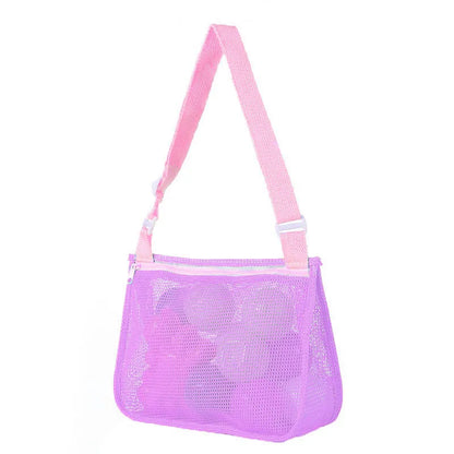 Blue children's travel storage organiser bag with nylon mesh construction and shoulder strap
