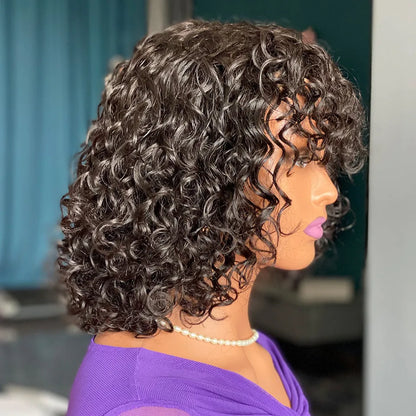 Deep curly black human hair wig with even and oblique bangs, 12 inch full head style