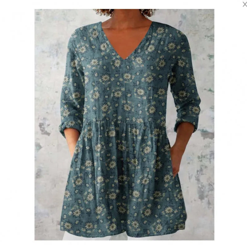 Women's printed wave loose dress with wide waist design and 3/4 sleeves in one of seven style options