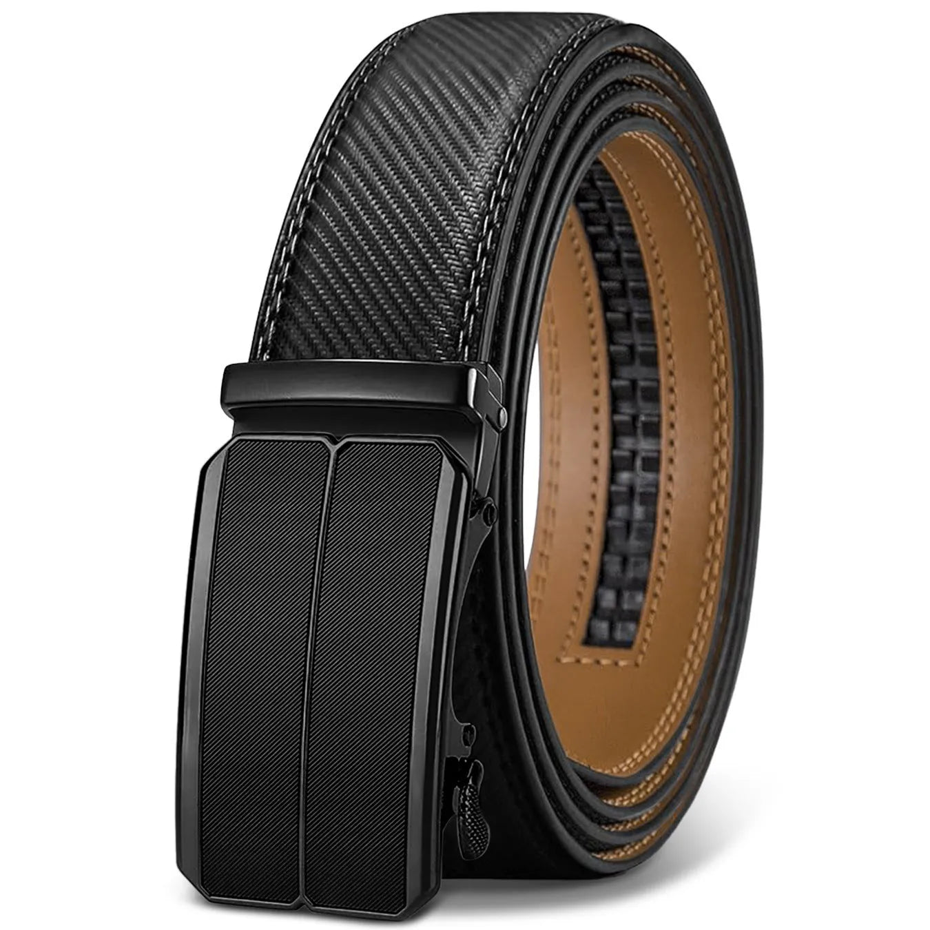 Men's brown PU leather belt with an automatic alloy buckle on a textured background.