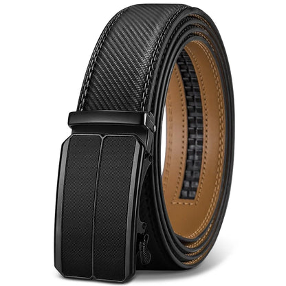 Men's brown PU leather belt with an automatic alloy buckle on a textured background.