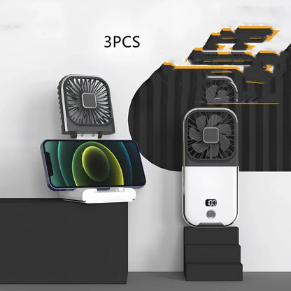 F30Pro folding portable handheld fan in white with digital display, 169x81x20mm size, USB charging, plastic blades for cooling