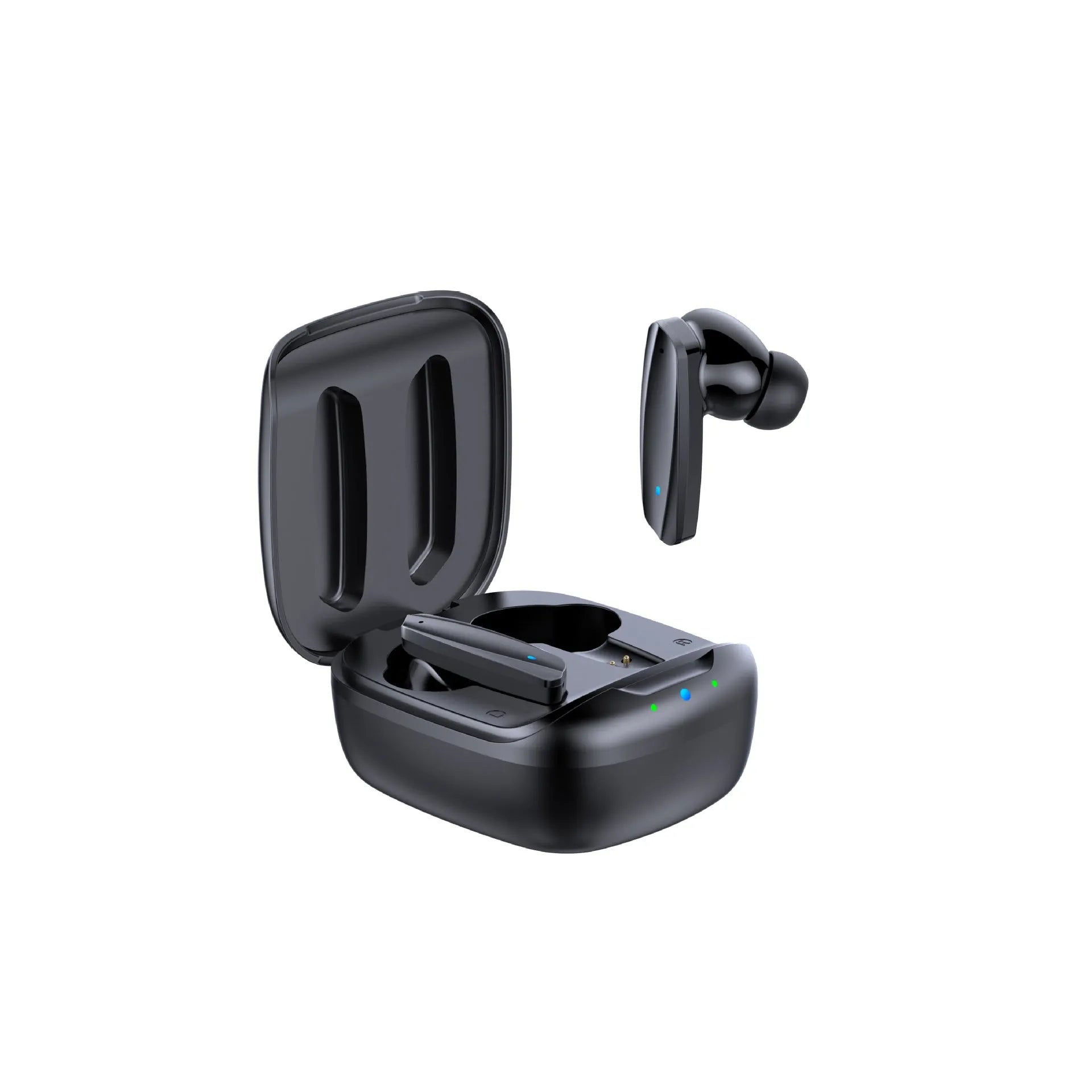 Black and white TWS Bluetooth headphones with USB charging case showing wireless earbuds