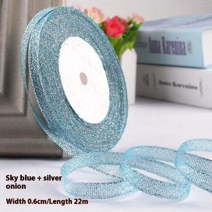 Polyester gift packaging bow ribbon showing 0.6cm width and colour options including gold leaf and metallic variations