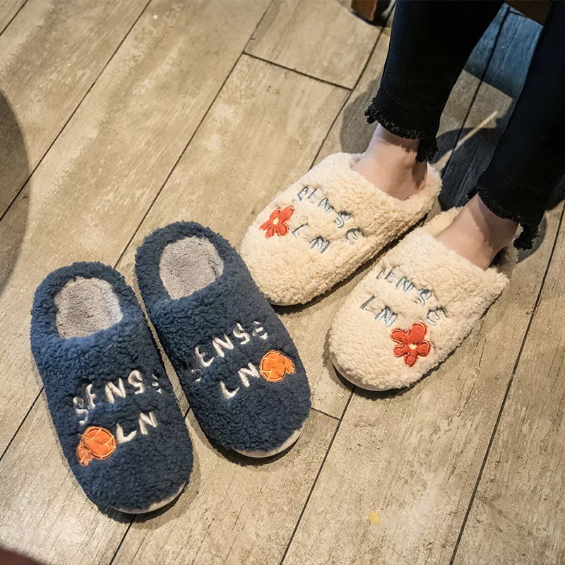 Ins Cute Flower Fleece Slippers for Women - Winter Warm Indoor Non-slip Plush Shoes in various colors