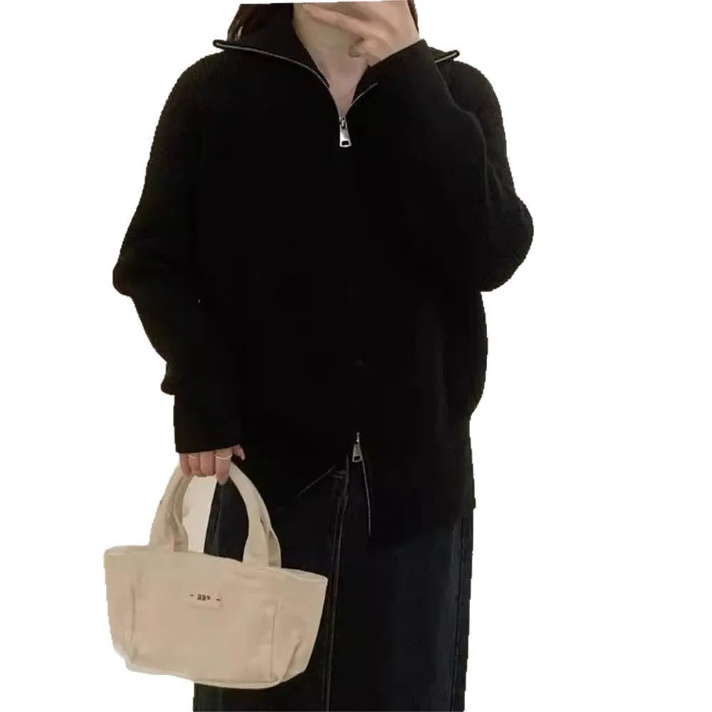 Hong Kong style double zipper knitted cardigan in loose fit with regular sleeves and three-dimensional decoration
