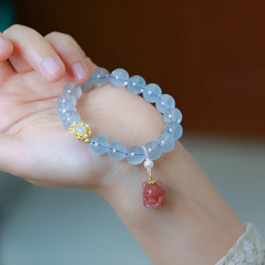 Chinese style aquamarine DIY bracelet with Fengjiu charm and fox motif for women