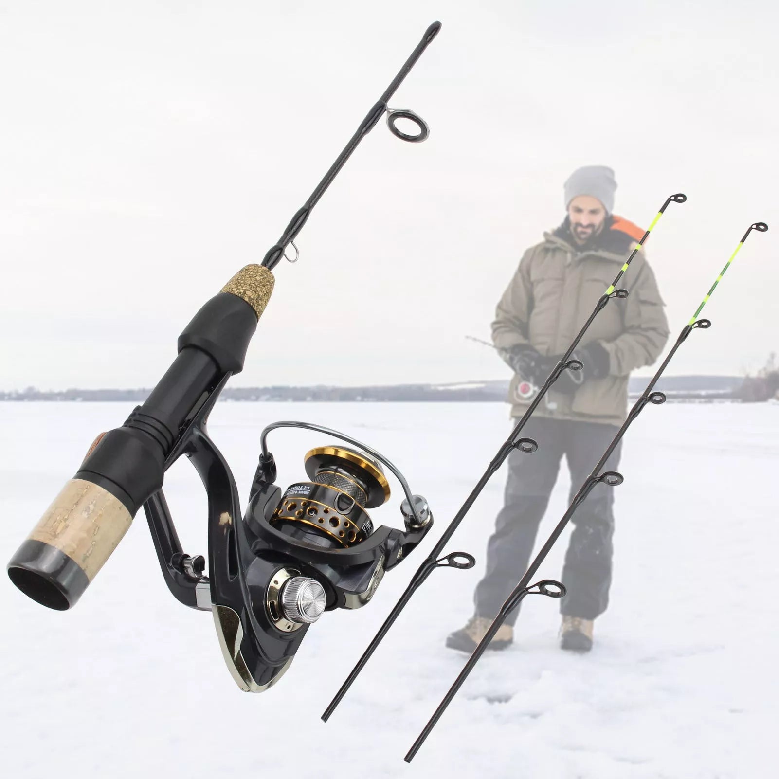 Double tip ice fishing rod with spinning wheel tackle set, 60 cm length