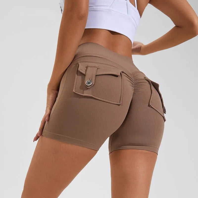 Women's high-waist fitness shorts with pockets in quick-dry nylon fabric