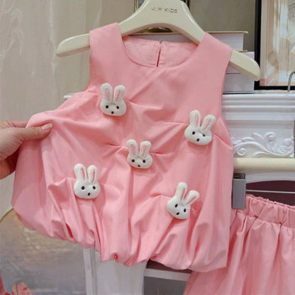 Sleeveless bud-shaped pants suit three-dimensional doll in pink or yellow cotton with cartoon style
