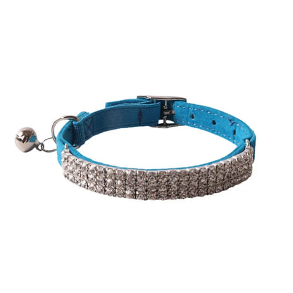 Cat collar with elastic buckle in six colour options showing 28cm length and flocking material texture