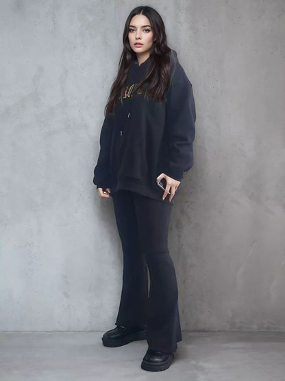 Cotton long sleeve printed hoodie for men and women in black, khaki, and purple