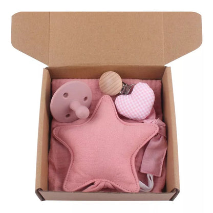 Natural cotton baby bath toy set with wooden rattle and comfort towel