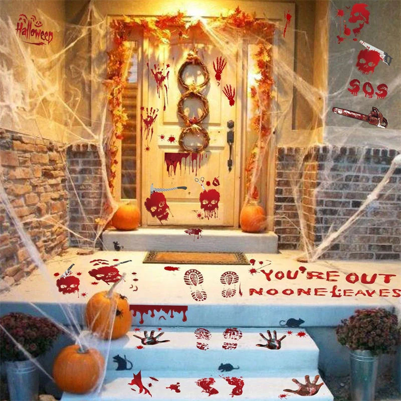 Halloween window stickers with realistic blood handprints and footprints for spooky decor