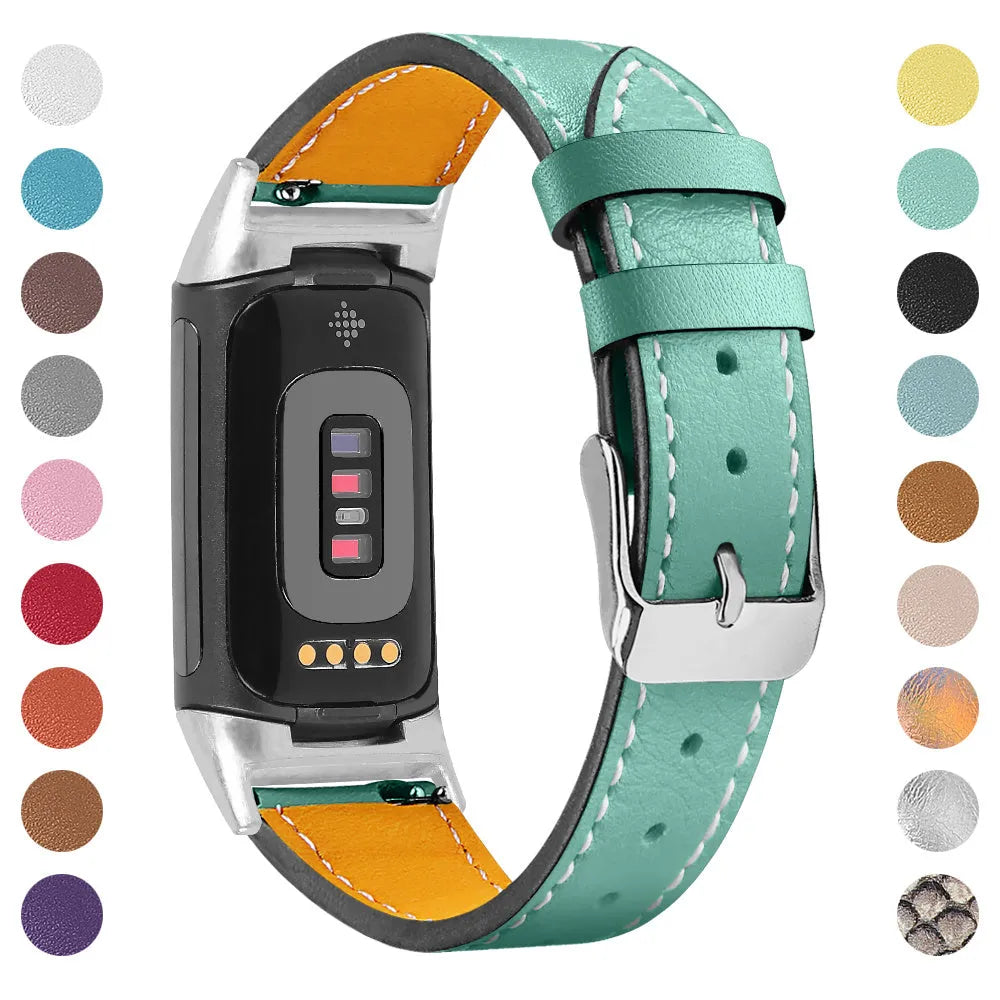 Genuine leather strap for Fitbit charge5 and charge6 in selected colour with adjustable buckle showing 5.5-8.1 inch length