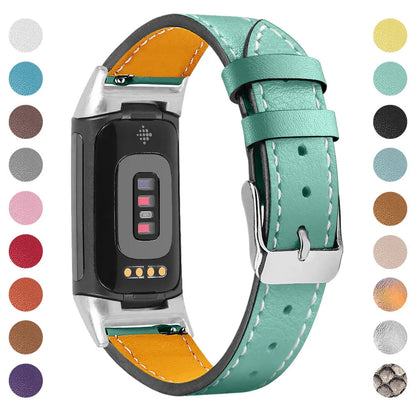 Genuine leather strap for Fitbit charge5 and charge6 in selected colour with adjustable buckle showing 5.5-8.1 inch length