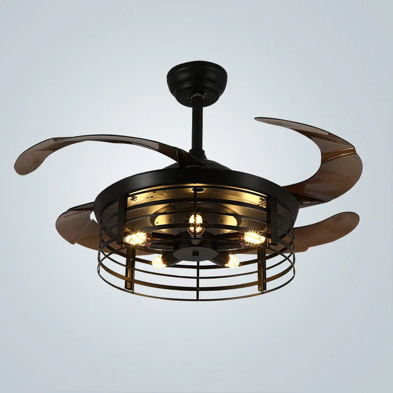 Industrial American retro ceiling fan lamp with 42-inch acrylic blades and remote control on wooden table
