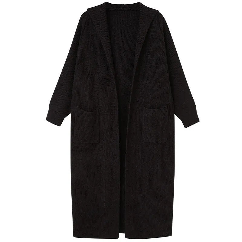 Long grey knitted cardigan with hood measuring 80cm length, cashmere blend fabric, loose fit trench coat style