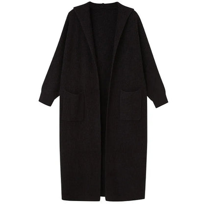 Long grey knitted cardigan with hood measuring 80cm length, cashmere blend fabric, loose fit trench coat style