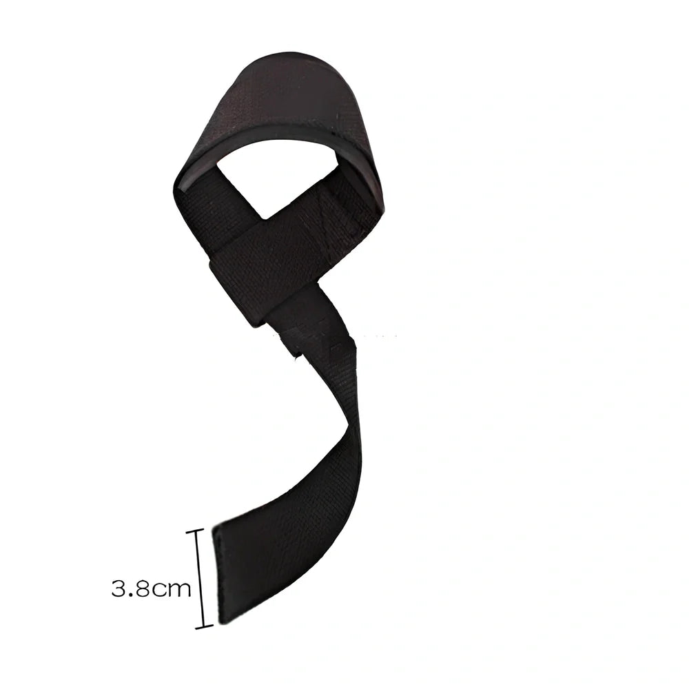 Pair of grey weightlifting straps with 5cm width wrapped around barbell