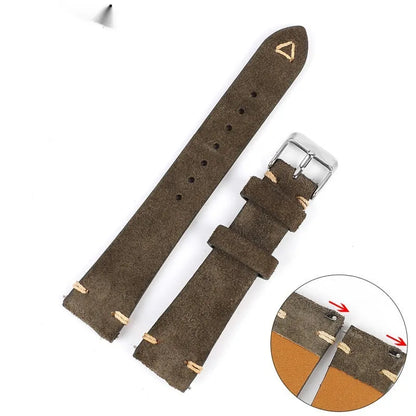 Suede leather watch strap in brown, blue, gray, or Army Green with 20mm or 22mm width options