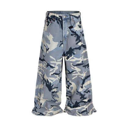 Snow camouflage blue jeans with mid-waist design and loose fit, showing micro-elastic denim fabric