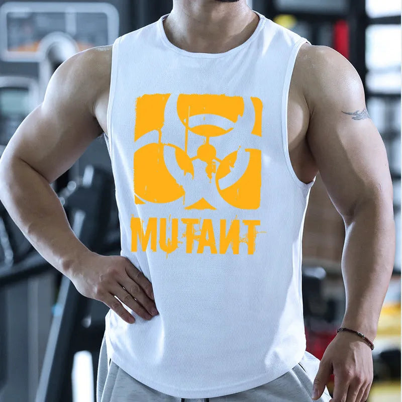 Loose-fit polyester workout tank top in multiple colours on a size chart.