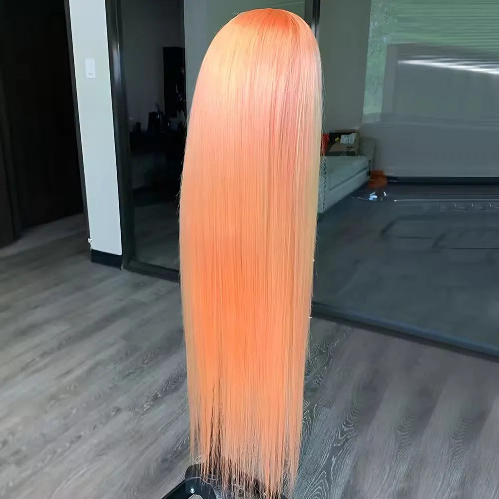 Light orange long straight synthetic lace front wig with a side fringe, shown on a mannequin head.