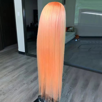Light orange long straight synthetic lace front wig with a side fringe, shown on a mannequin head.