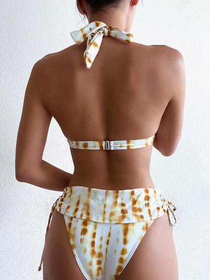Women's printed bikini swimsuit with ruffle detail in white and yellow