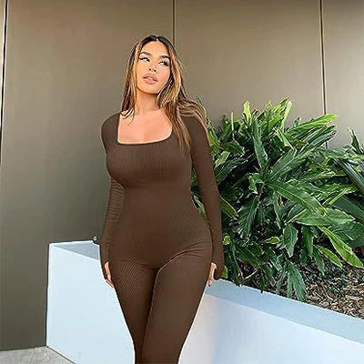 Stylish women's yoga jumpsuit with square neckline and long sleeves, available in a variety of colors