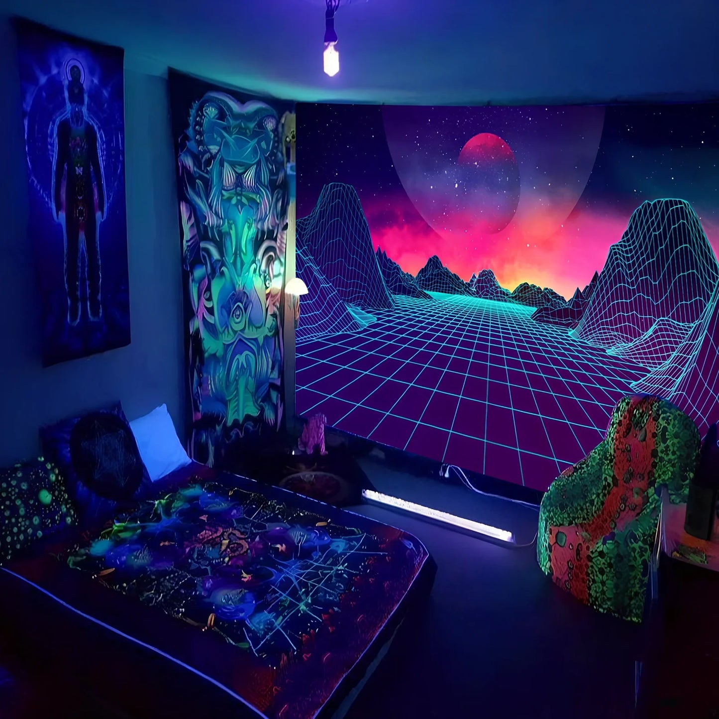 Fluorescent tapestry wall hanging with glow properties in multiple sizes from 150x100cm to 230x180cm