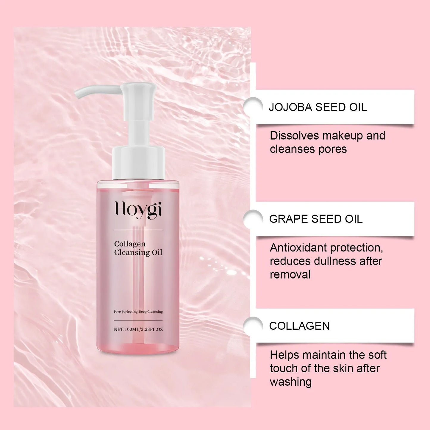 100ml bottle of collagen cleansing oil with jojoba and grape seed oils for makeup removal.