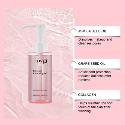 100ml bottle of collagen cleansing oil with jojoba and grape seed oils for makeup removal.