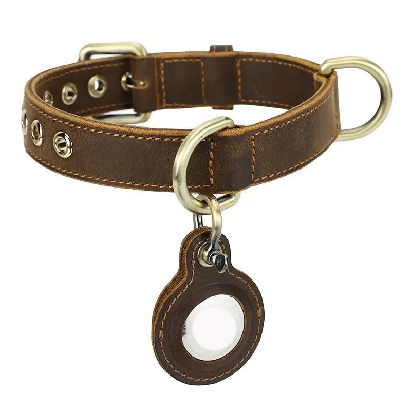 Brown genuine leather dog collar with retro styling and halter positioning system