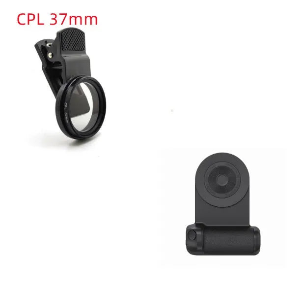Black magnetic phone camera grip holder with rotatable stand on a table next to a smartphone.